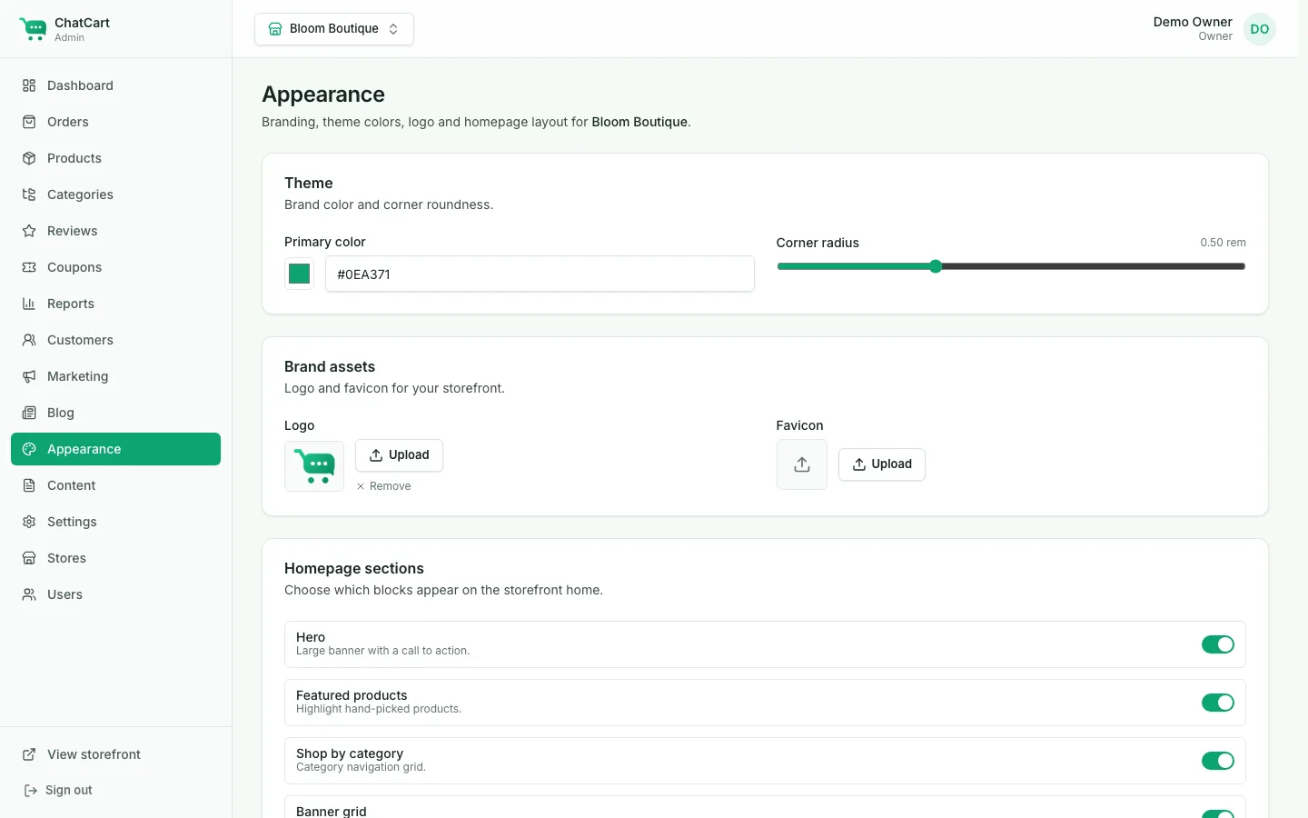 Appearance page with brand color and corner radius controls, logo and favicon uploads, and home page section toggles
