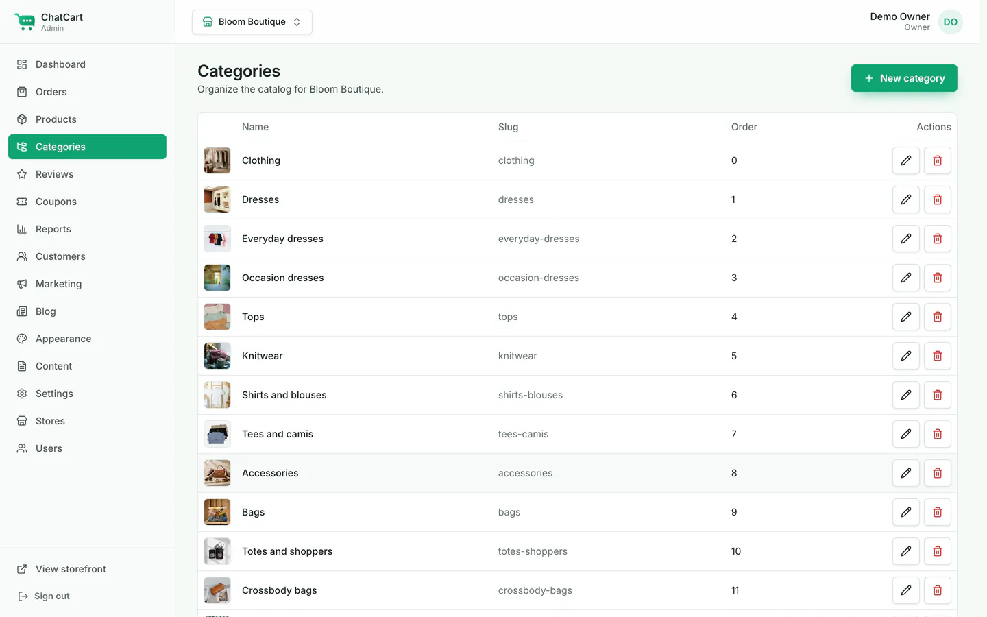The categories list with images, names, product counts and edit buttons.