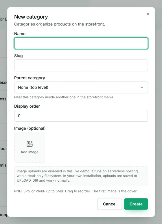 The New category form with name, slug, parent category, display order and an optional image.