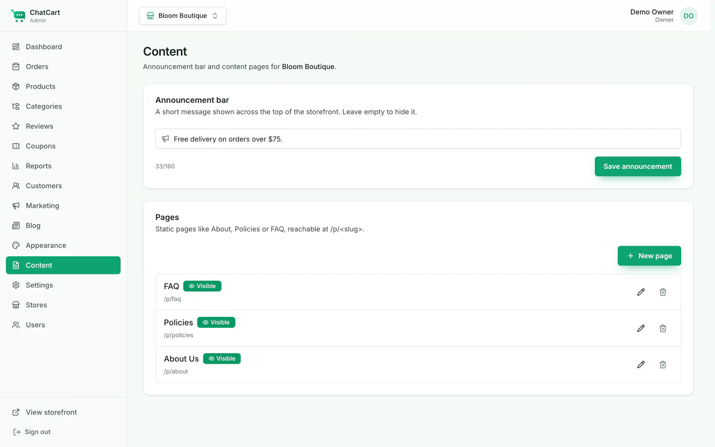The Content page with the announcement bar text and a list of static pages: FAQ, Policies, About Us.