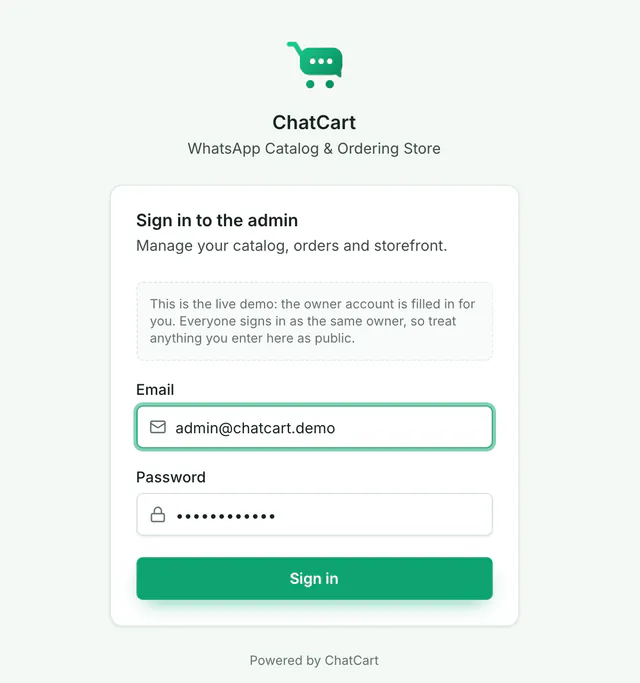 The admin sign-in page with email and password fields and a Sign in button.