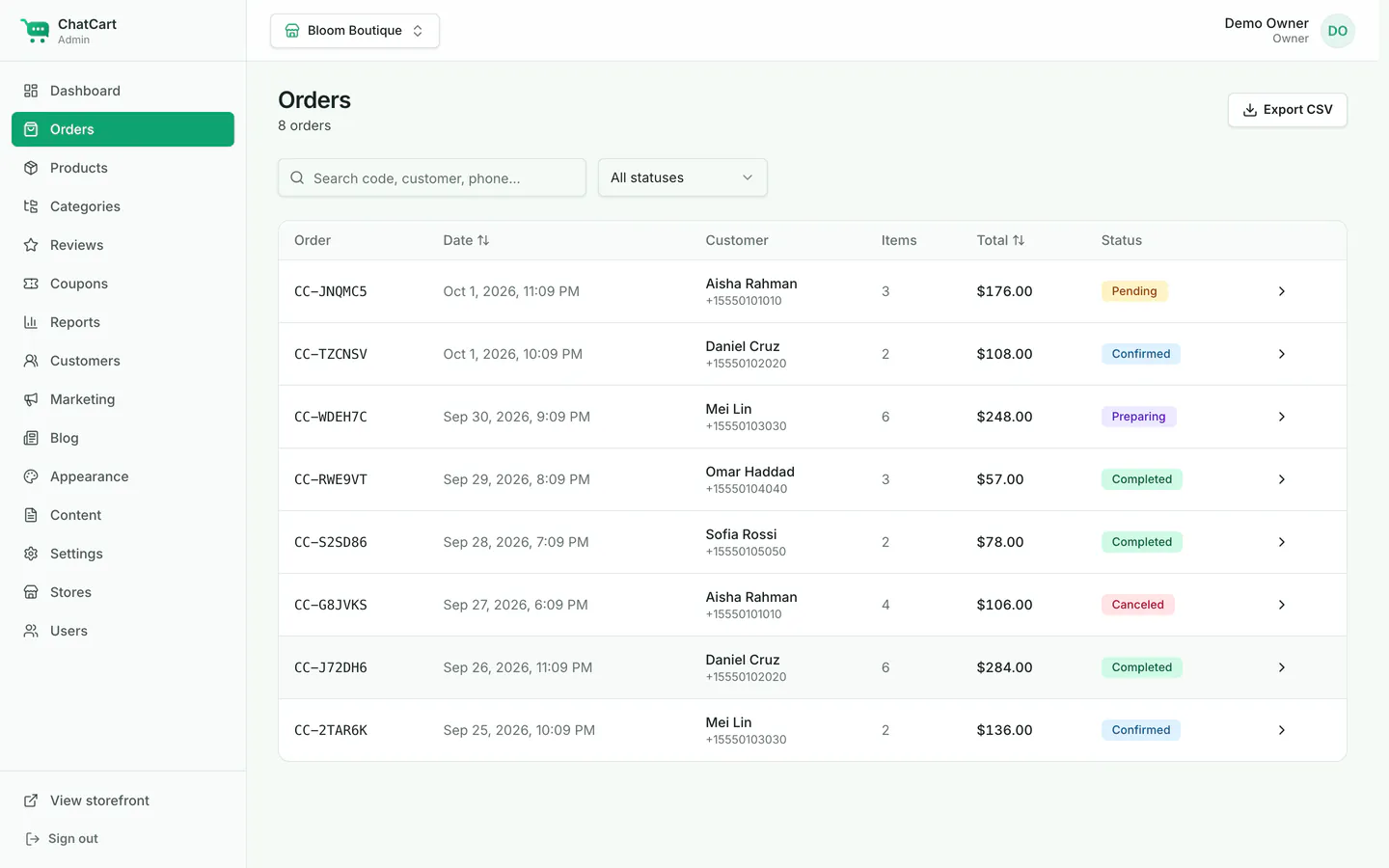 The orders list with order codes, customers, totals, status labels and filters.