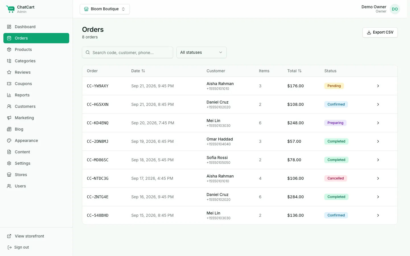 Orders table with search, status filter, CSV export, and colored status badges