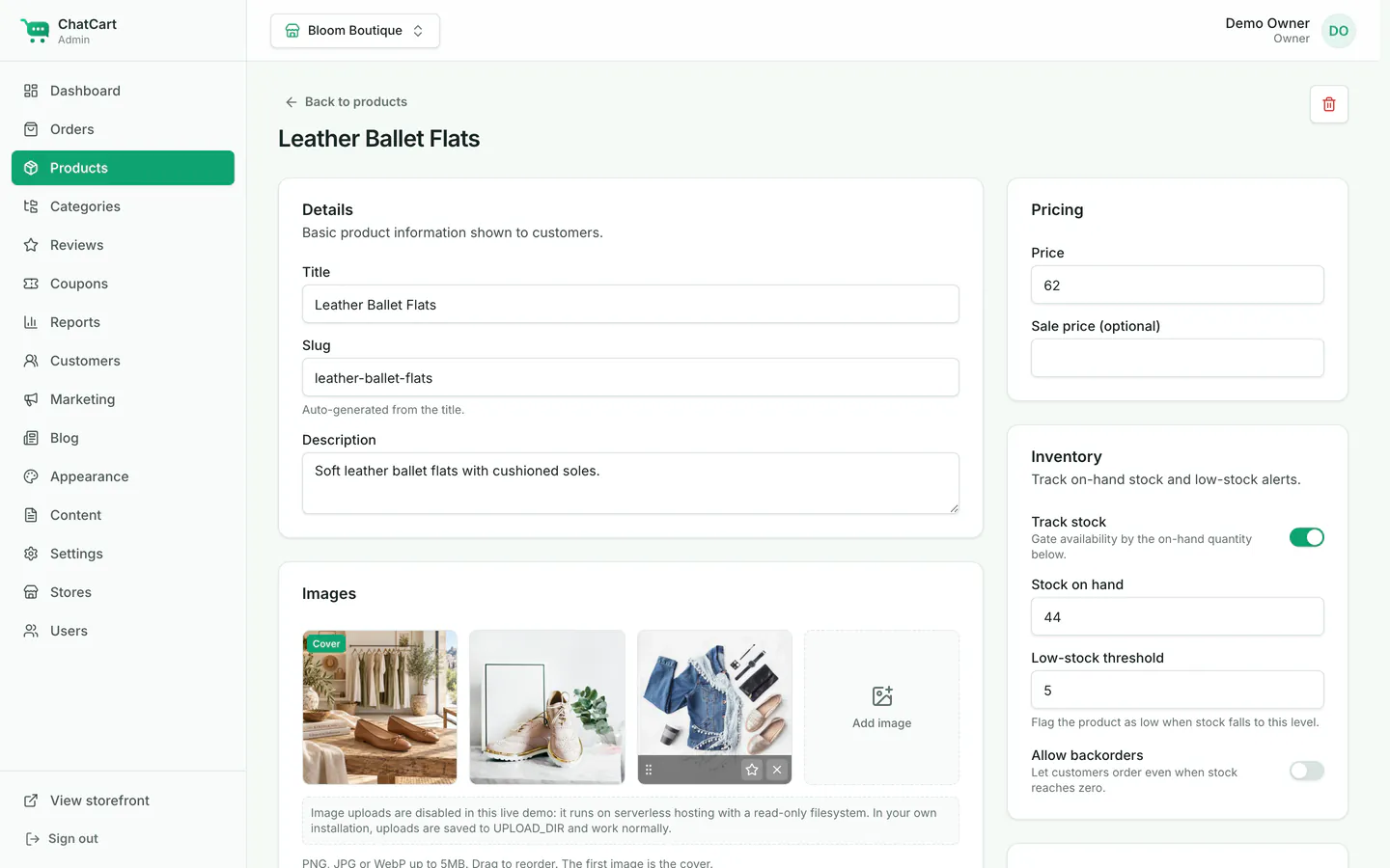 An existing product being edited, with three images in the Images card and the first one marked Cover.
