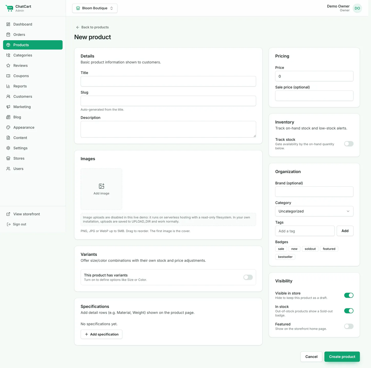 The empty New product form with cards for details, images, variants, specifications, pricing, inventory, brand and category, and visibility.