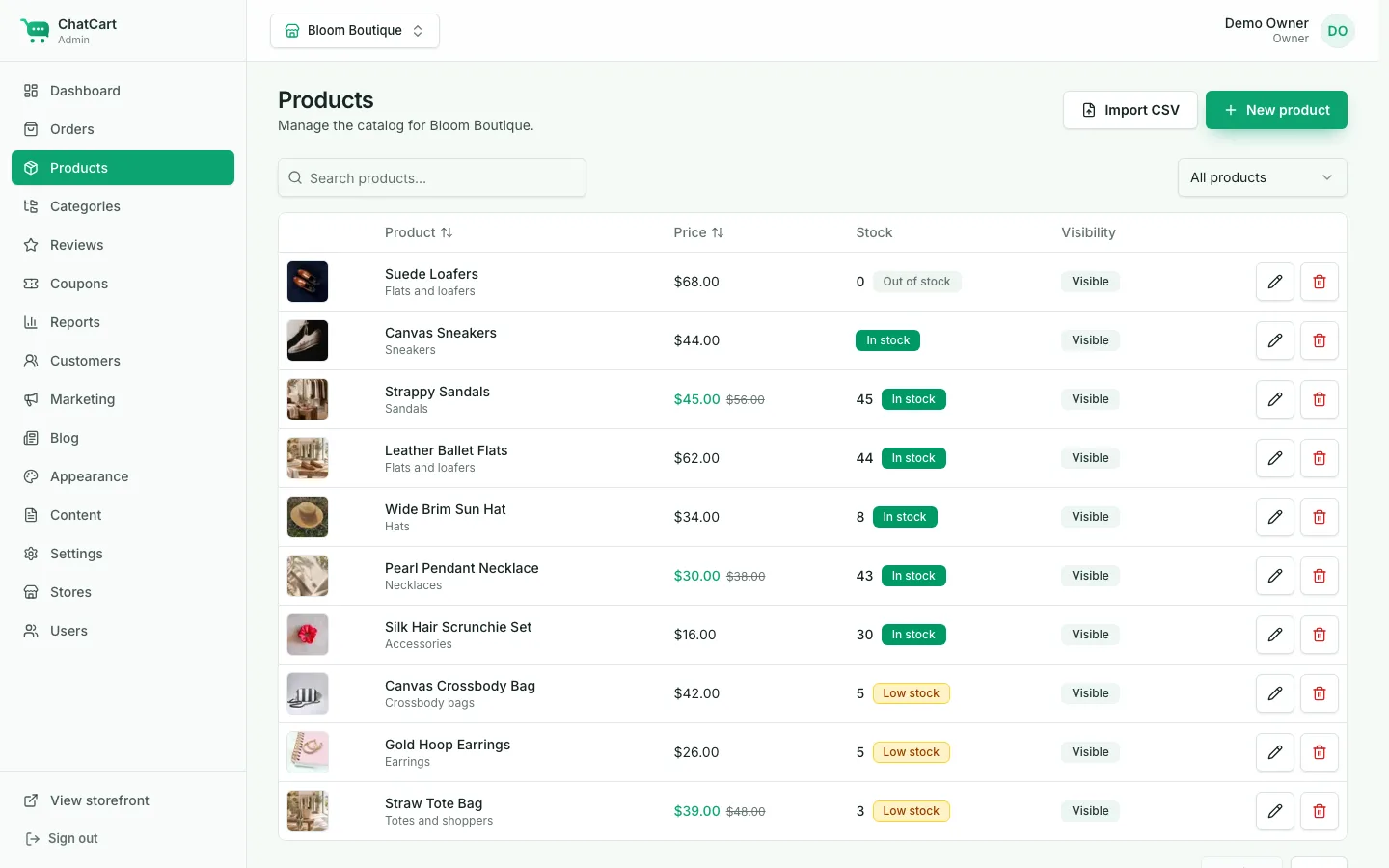 Admin product list with images, prices, stock levels, and CSV import and new product actions