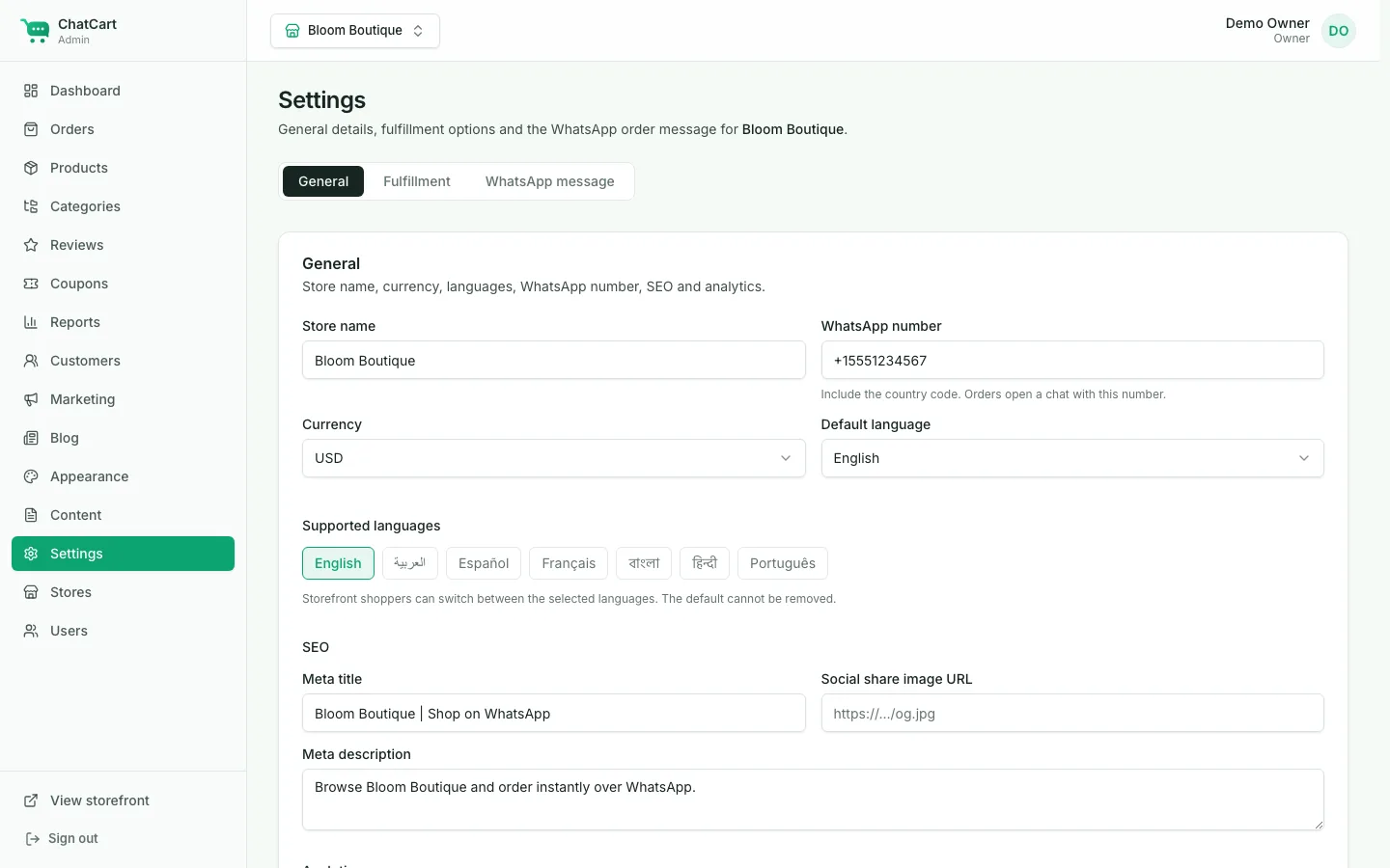 Settings page with store name, WhatsApp number, currency, supported languages, SEO, and analytics fields