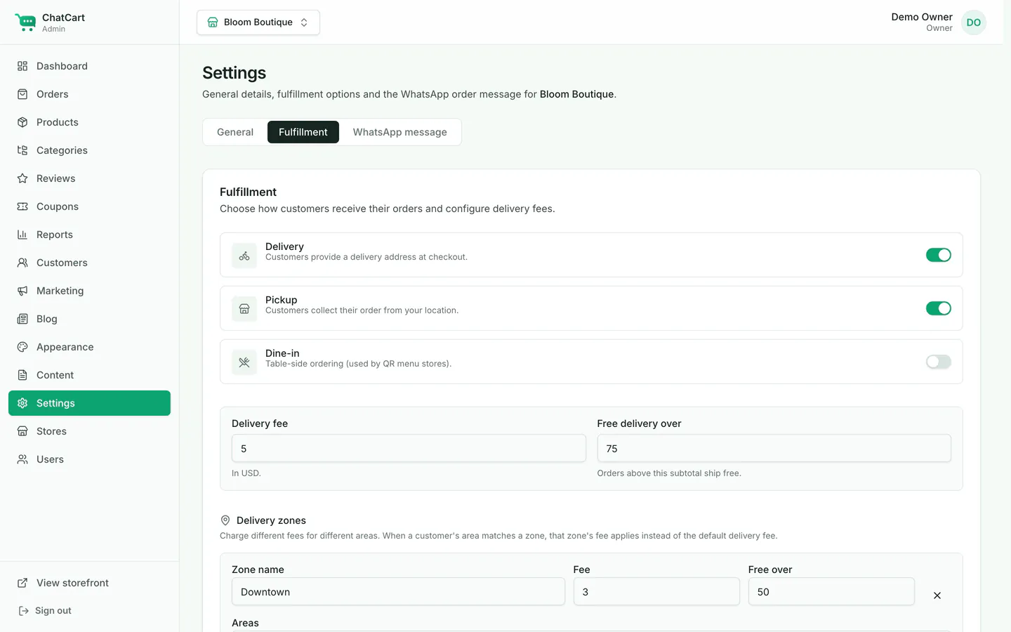 Settings, Fulfillment tab: delivery, pickup and dine-in switches, delivery fee, free delivery threshold and shipping zones.