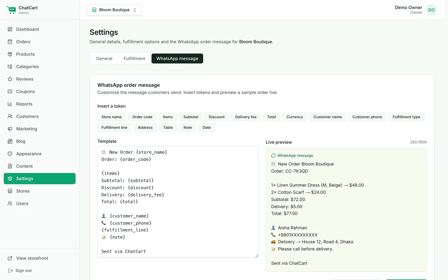 Settings, WhatsApp message tab: the template editor with token chips and a live preview.