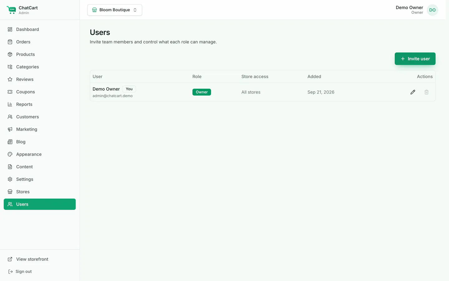The Users page with a list of admin users, their roles and store access.