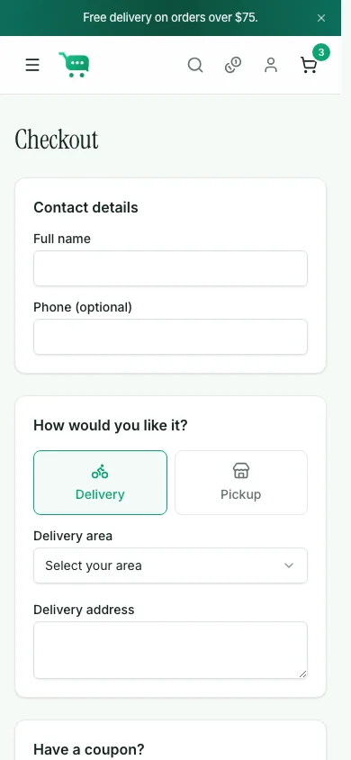 Mobile checkout with delivery area, coupon field, order summary, and the Order on WhatsApp button