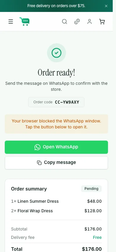 Order ready page with order code, Open WhatsApp button, Copy message fallback, and order summary