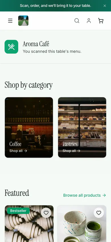 The Aroma Café store in QR menu mode on a phone.