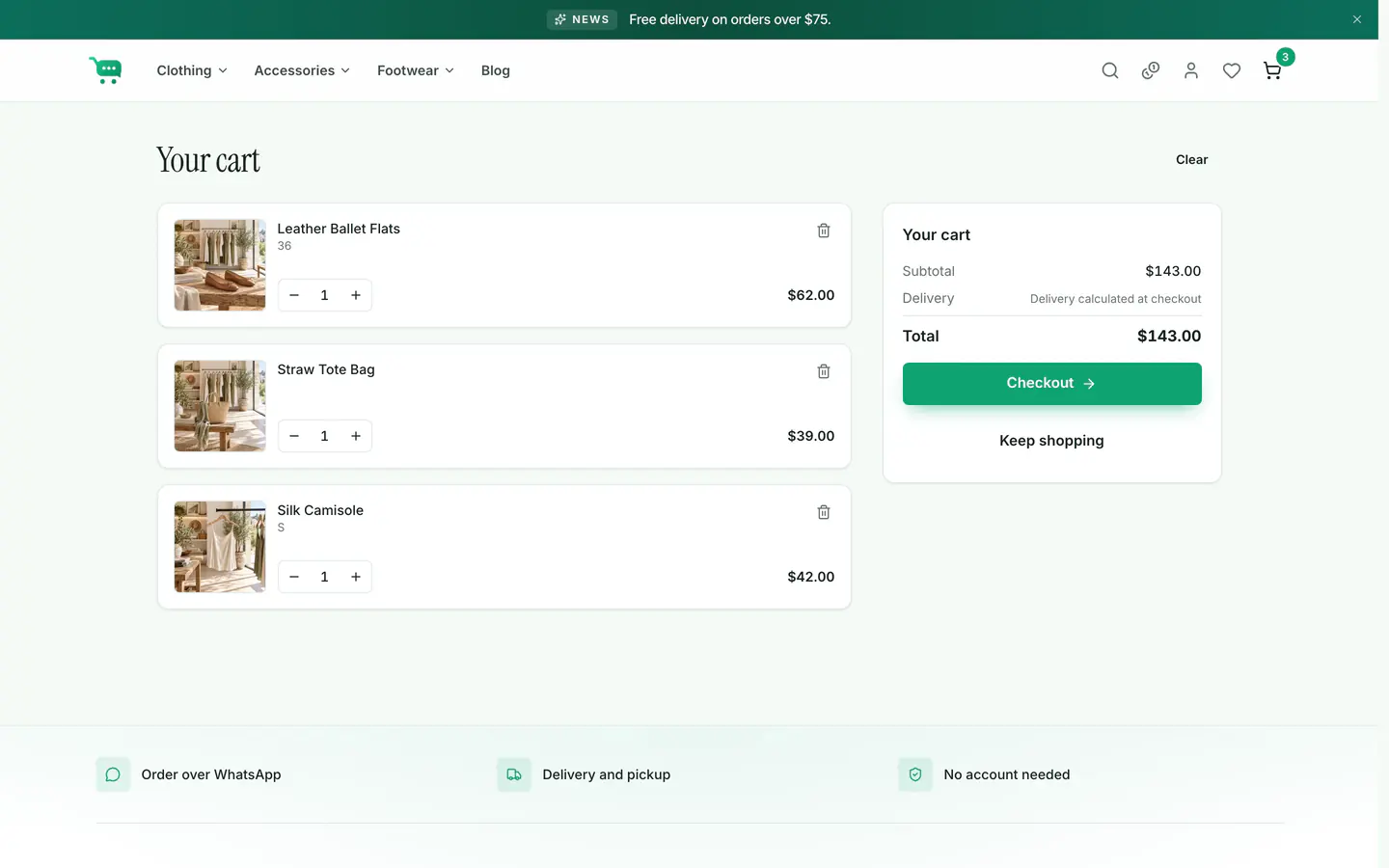 The cart page with items, quantities, a coupon field and the order total.