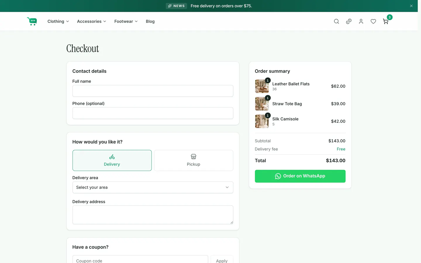 The checkout page with contact details, delivery or pickup choice, a coupon field, the order summary and an Order on WhatsApp button.