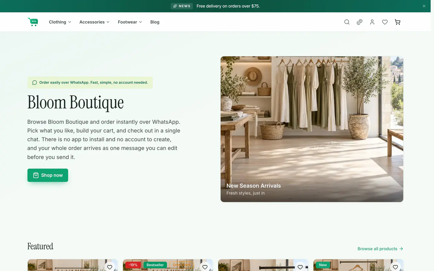 The ChatCart storefront home page of the Bloom Boutique demo store, with a hero banner and featured products.