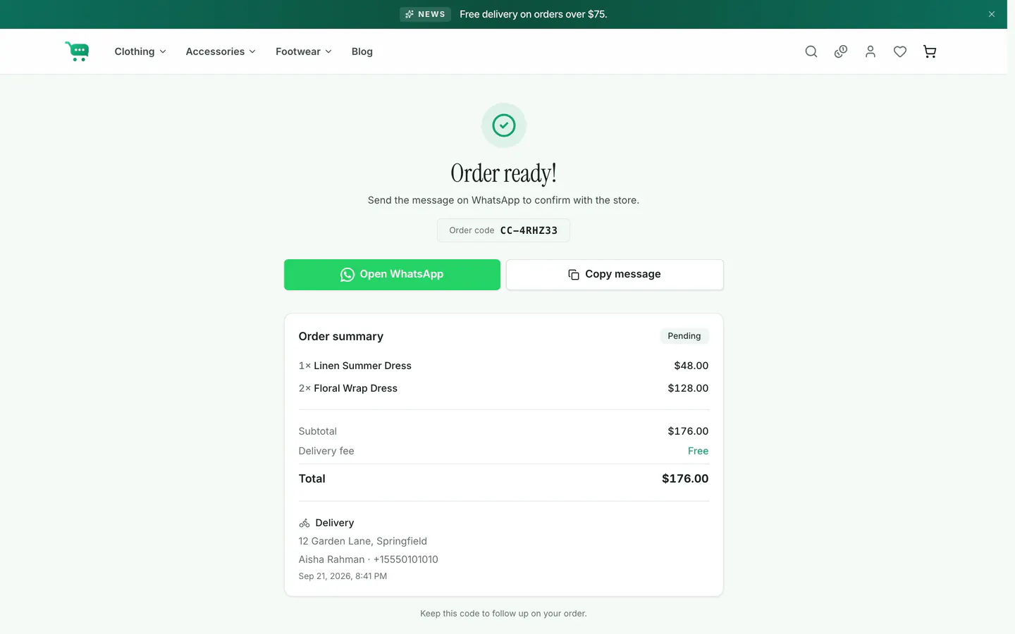 The order confirmation page with the order code, a summary, an Open WhatsApp button and a Copy message button.