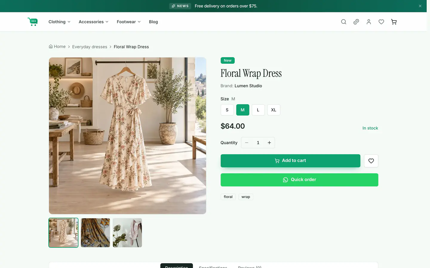 A product page on the storefront with an image gallery, price, size choices, quantity and an Add to cart button.