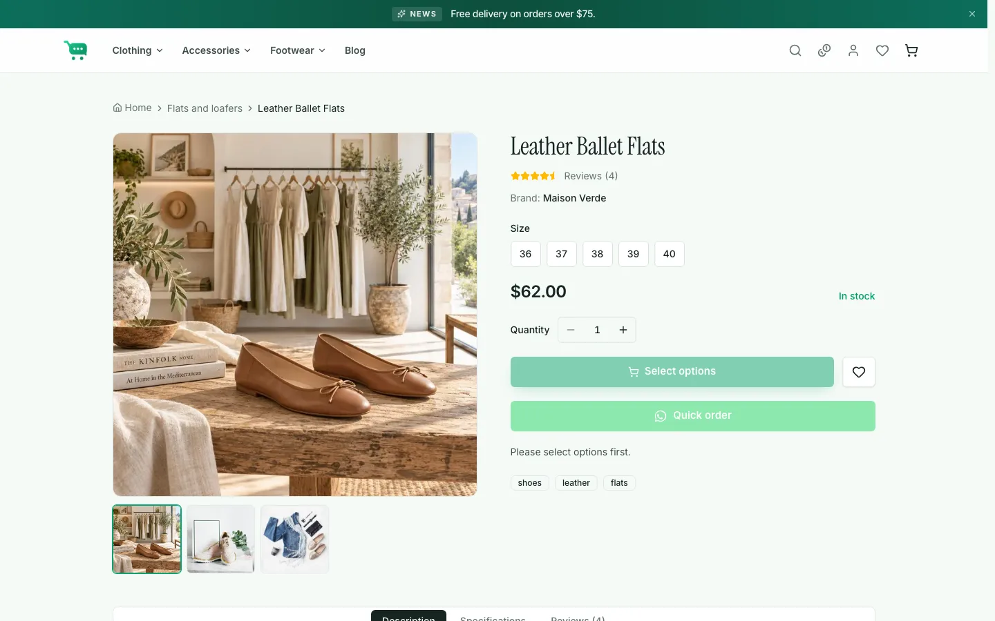 Product page with image gallery, size options, stock status, quick order button, and tabs for description, specifications, and reviews