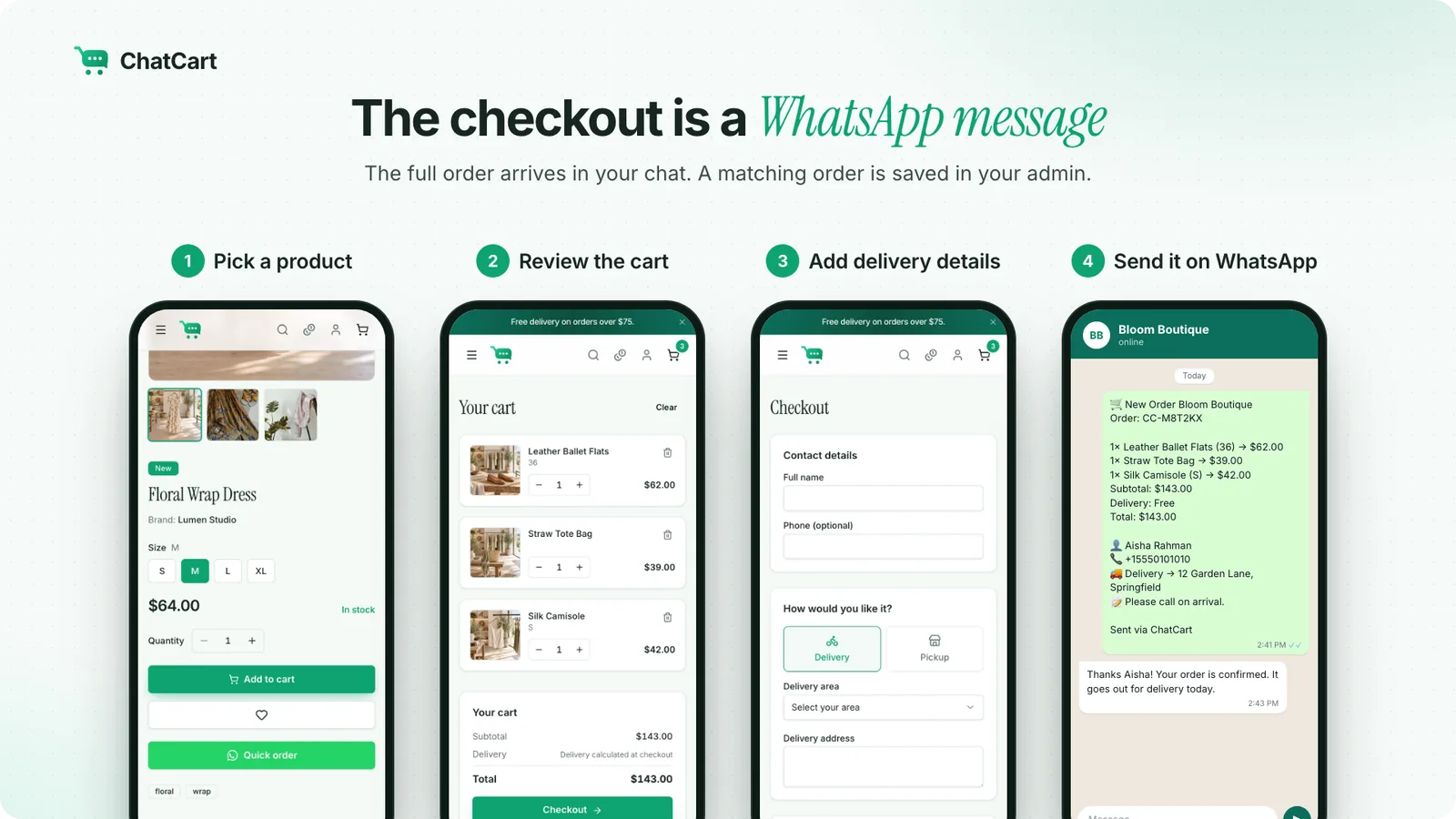 The four checkout steps: pick a product, review the cart, add delivery details, send on WhatsApp