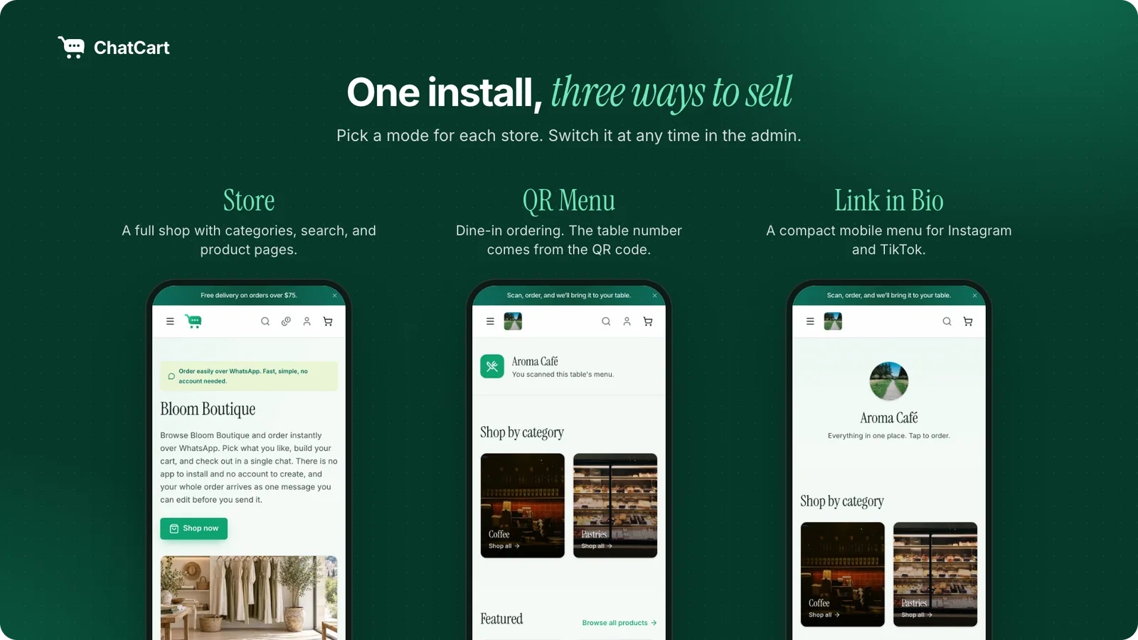 The same install running as a store, a QR menu, and a link in bio page