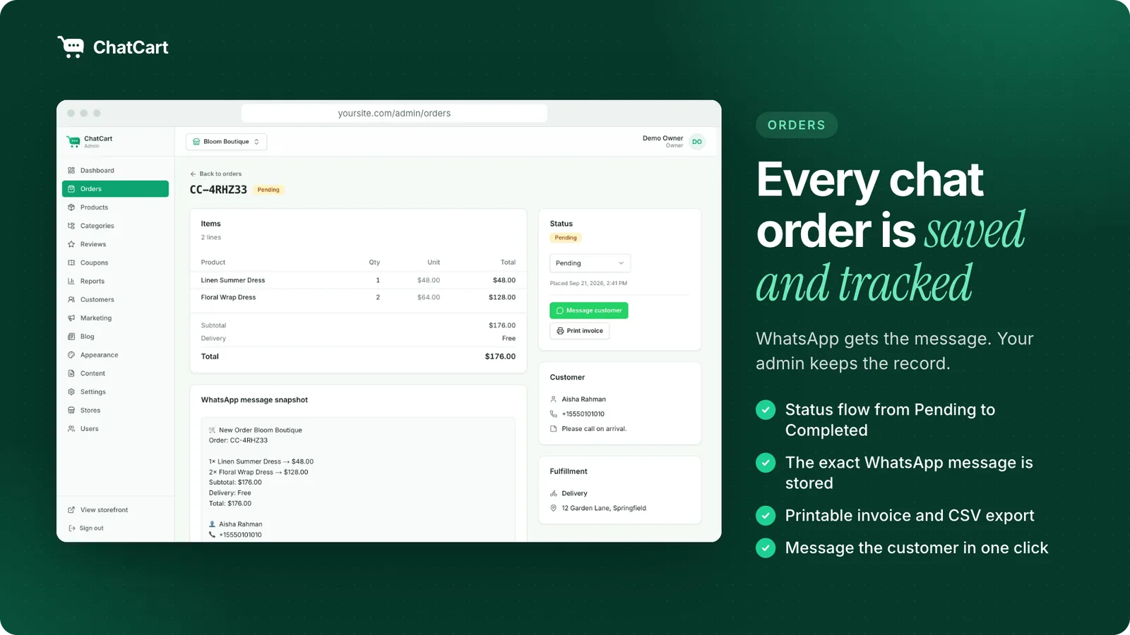An order in the admin with its status, items, and the WhatsApp message that was sent