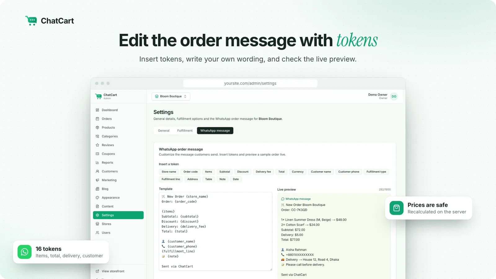 The message template editor with token chips and a live preview