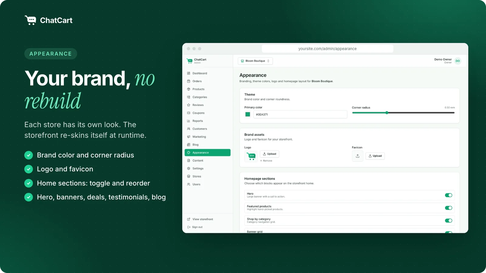 The appearance screen: brand color, corner radius, logo, favicon, and home sections